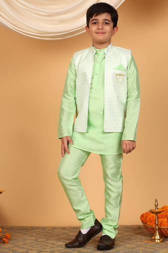 Boys light green cotton silk kurta pyjama set with jacquard elongated pattern waistcoat