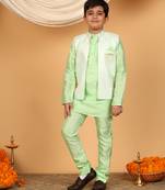 Boys light green cotton silk kurta pyjama set with jacquard elongated pattern waistcoat