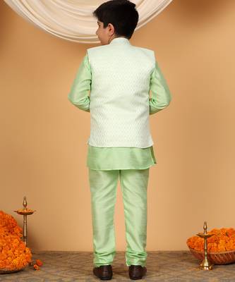 Boys light green cotton silk kurta pyjama set with jacquard elongated pattern waistcoat 2