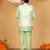 Boys light green cotton silk kurta pyjama set with jacquard elongated pattern waistcoat