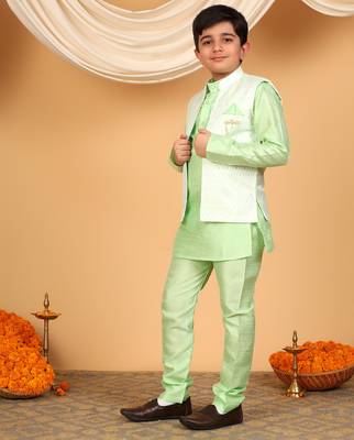 Boys light green cotton silk kurta pyjama set with jacquard elongated pattern waistcoat 4