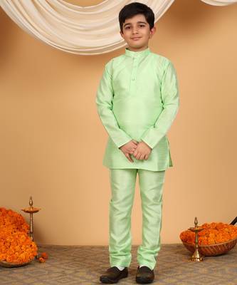 Boys light green cotton silk kurta pyjama set with jacquard elongated pattern waistcoat 5