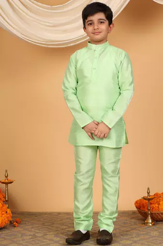 Boys light green cotton silk kurta pyjama set with jacquard elongated pattern waistcoat