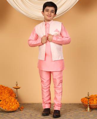 Boys pink cotton silk kurta pyjama set with jacquard elongated pattern waistcoat 1