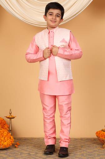 Boys pink cotton silk kurta pyjama set with jacquard elongated pattern waistcoat