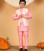 Boys pink cotton silk kurta pyjama set with jacquard elongated pattern waistcoat