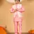 Boys pink cotton silk kurta pyjama set with jacquard elongated pattern waistcoat