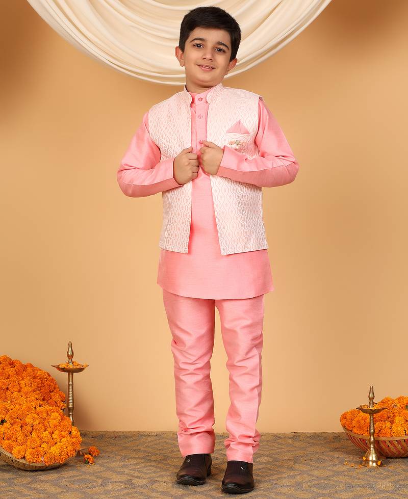 Boys pink cotton silk kurta pyjama set with jacquard elongated pattern waistcoat
