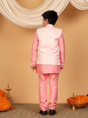 Boys pink cotton silk kurta pyjama set with jacquard elongated pattern waistcoat 2