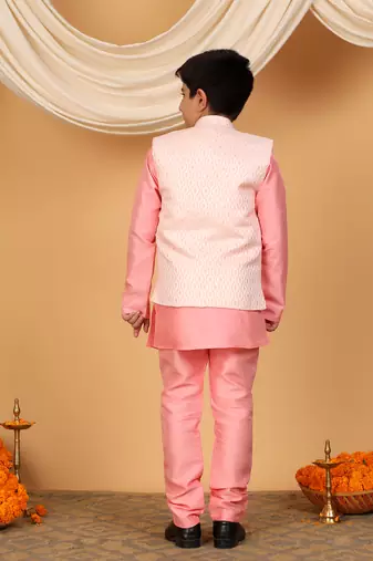 Boys pink cotton silk kurta pyjama set with jacquard elongated pattern waistcoat