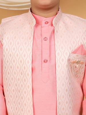 Boys pink cotton silk kurta pyjama set with jacquard elongated pattern waistcoat 3