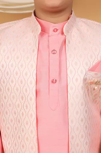 Boys pink cotton silk kurta pyjama set with jacquard elongated pattern waistcoat