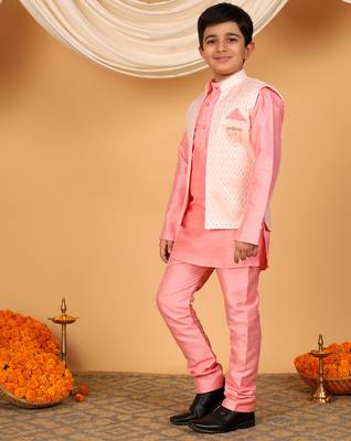 Boys pink cotton silk kurta pyjama set with jacquard elongated pattern waistcoat 4