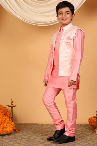 Boys pink cotton silk kurta pyjama set with jacquard elongated pattern waistcoat