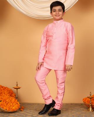Boys pink cotton silk kurta pyjama set with jacquard elongated pattern waistcoat 5