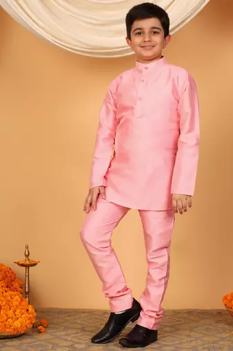 Boys pink cotton silk kurta pyjama set with jacquard elongated pattern waistcoat