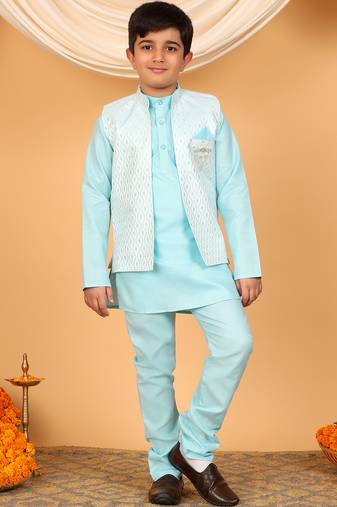 Boys sky blue cotton silk kurta pyjama set with jacquard elongated pattern waistcoat