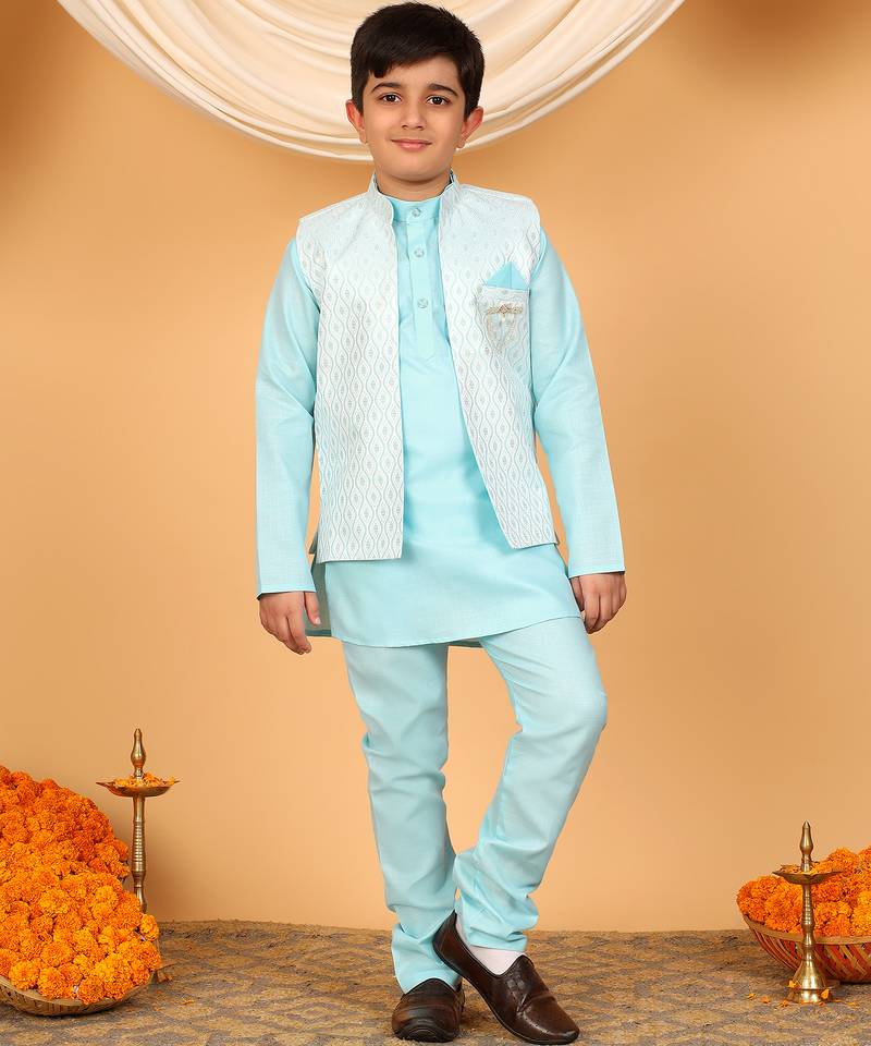 Boys sky blue cotton silk kurta pyjama set with jacquard elongated pattern waistcoat