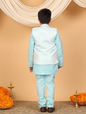 Boys sky blue cotton silk kurta pyjama set with jacquard elongated pattern waistcoat 2