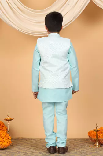 Boys sky blue cotton silk kurta pyjama set with jacquard elongated pattern waistcoat