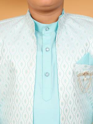 Boys sky blue cotton silk kurta pyjama set with jacquard elongated pattern waistcoat 3