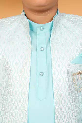 Boys sky blue cotton silk kurta pyjama set with jacquard elongated pattern waistcoat