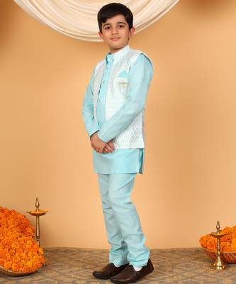 Boys sky blue cotton silk kurta pyjama set with jacquard elongated pattern waistcoat 4