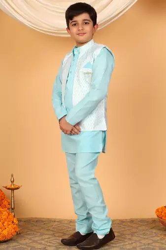 Boys sky blue cotton silk kurta pyjama set with jacquard elongated pattern waistcoat