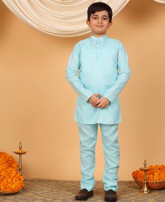 Boys sky blue cotton silk kurta pyjama set with jacquard elongated pattern waistcoat 5