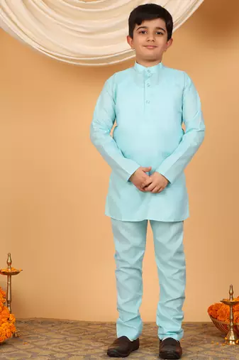Boys sky blue cotton silk kurta pyjama set with jacquard elongated pattern waistcoat