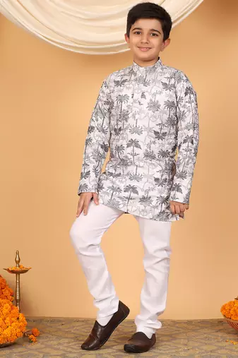 Boys off white & grey rayon zari embroidered botanical print kurta & pyjama set