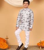 Boys off white & grey rayon zari embroidered botanical print kurta & pyjama set