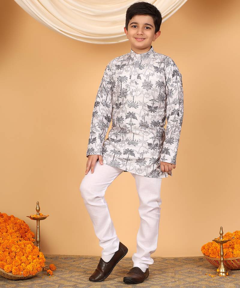 Boys off white & grey rayon zari embroidered botanical print kurta & pyjama set