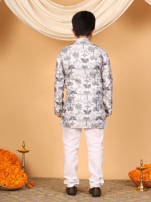 Boys off white & grey rayon zari embroidered botanical print kurta & pyjama set 2