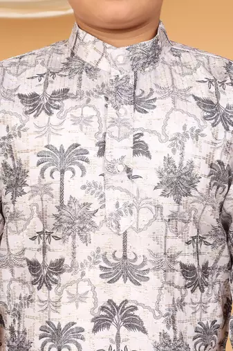 Boys off white & grey rayon zari embroidered botanical print kurta & pyjama set
