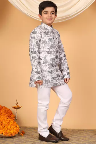 Boys off white & grey rayon zari embroidered botanical print kurta & pyjama set