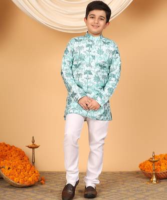 Boys mint green rayon zari embroidered botanical print kurta & pyjama set 1
