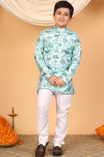 Boys mint green rayon zari embroidered botanical print kurta & pyjama set