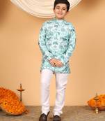 Boys mint green rayon zari embroidered botanical print kurta & pyjama set