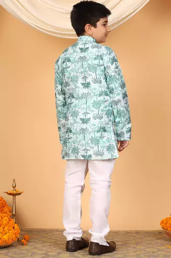 Boys mint green rayon zari embroidered botanical print kurta & pyjama set