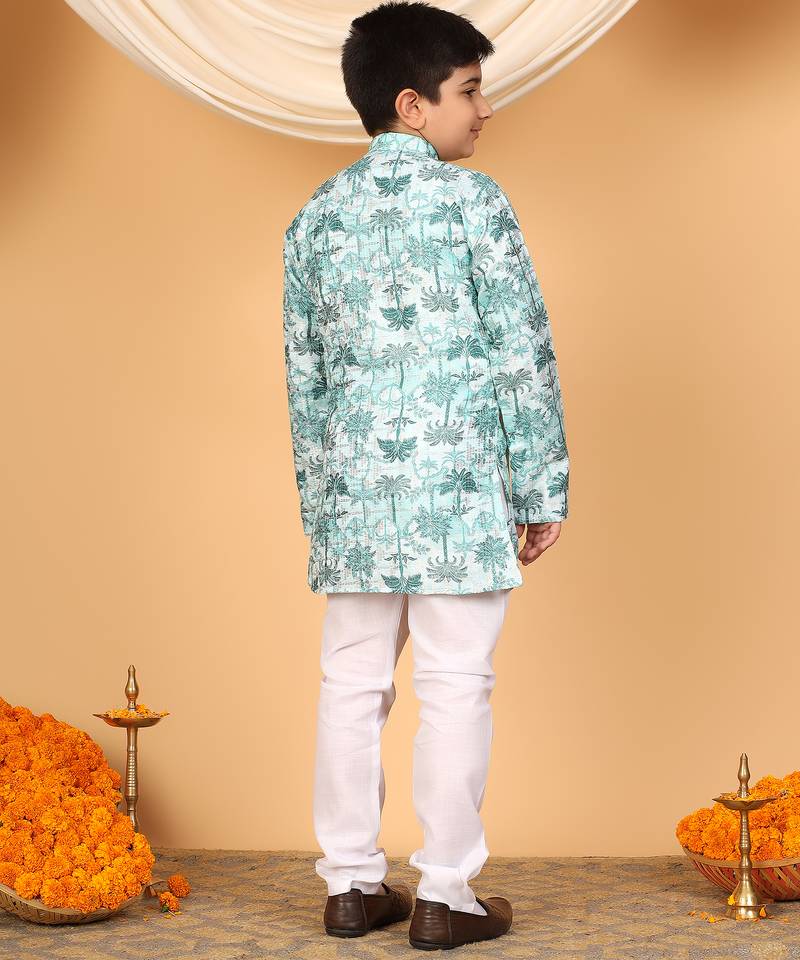 Boys mint green rayon zari embroidered botanical print kurta & pyjama set