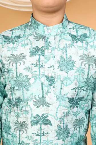 Boys mint green rayon zari embroidered botanical print kurta & pyjama set