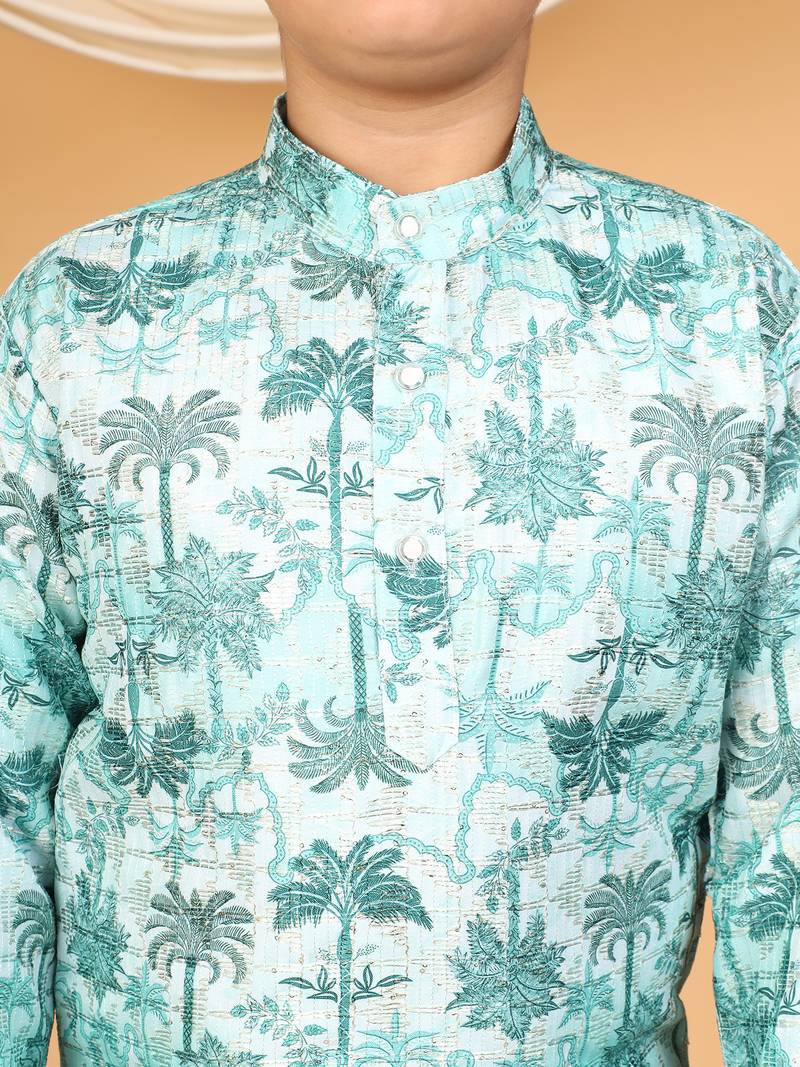 Boys mint green rayon zari embroidered botanical print kurta & pyjama set