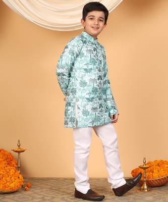Boys mint green rayon zari embroidered botanical print kurta & pyjama set 4
