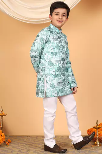 Boys mint green rayon zari embroidered botanical print kurta & pyjama set