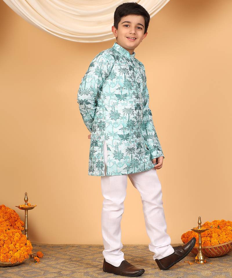 Boys mint green rayon zari embroidered botanical print kurta & pyjama set
