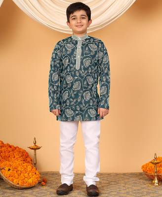 Boys teal blue rayon floral vine embroidered sequined kurta & pyjama set 1