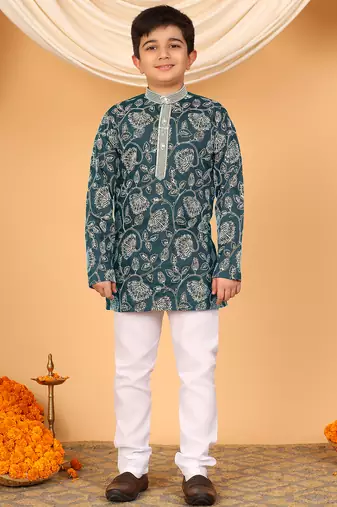 Boys teal blue rayon floral vine embroidered sequined kurta & pyjama set