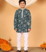 Boys teal blue rayon floral vine embroidered sequined kurta & pyjama set