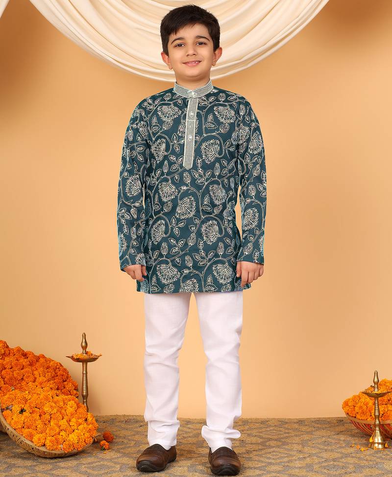 Boys teal blue rayon floral vine embroidered sequined kurta & pyjama set